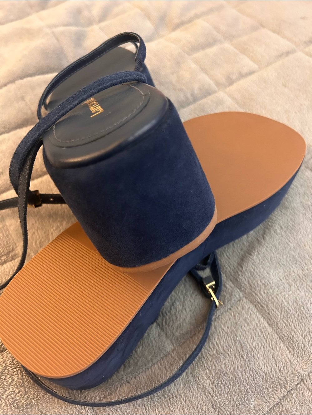 Larroude Gio navy leather platform wedge sandals size 8 - Picture 6 of 9